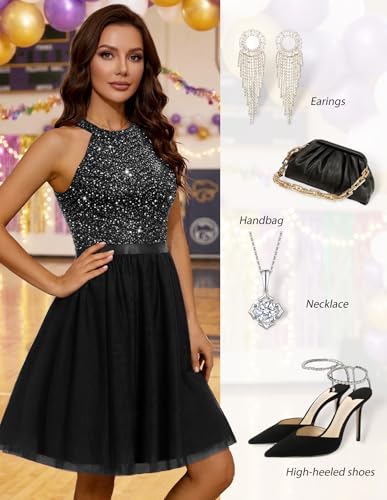 Image of Dressystar Women's Sequin Short Prom Dress Sparkly Halter Tulle Cocktail Party Homecoming Dresses