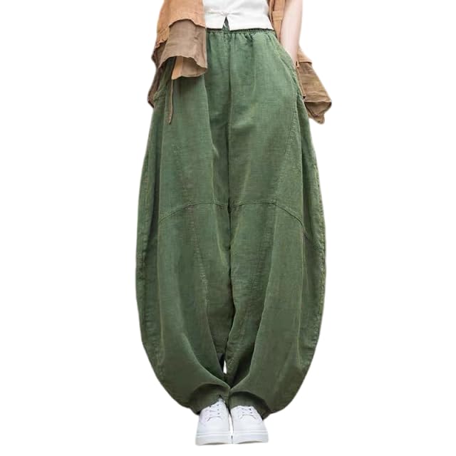ZOCAVIA Womens Cotton Linen Pants Casual Elastic Waist Baggy Harem Pants Japanese Pants Loose Lantern Trouser with Pockets