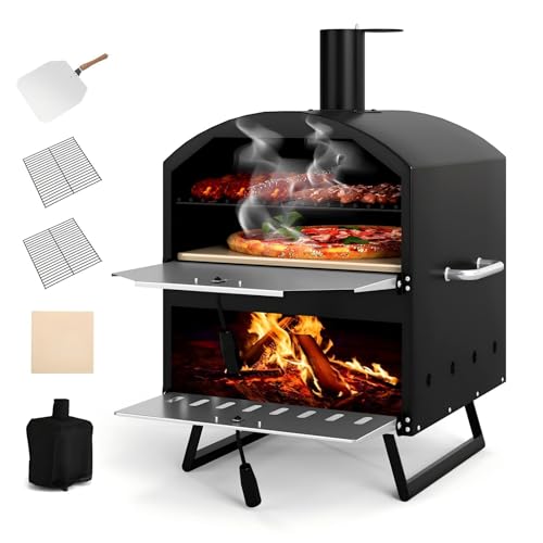 KOMFOTTEU Horno de Pizza para Exterior con 2 Capas, Horno de Leña y Carbón 16 Pulgadas con Piedra para Pizza, Pala para Pizzas, Rejilla, Funda Protectora, Portátil para Barbacoa, Camping, Fiesta