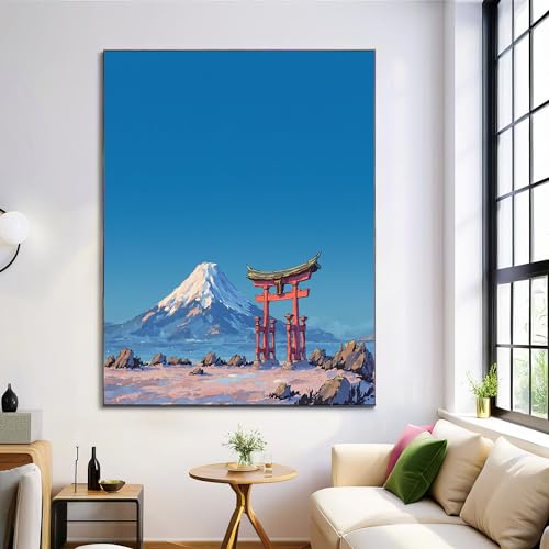 Tableau peinture à l'huile porte torii bleu 70x100cm pour décoration murale de salon