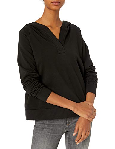 Amazon Brand - Daily Ritual Women s Terry Cotton and Modal Hooded Henley Pullover, Black, Medium