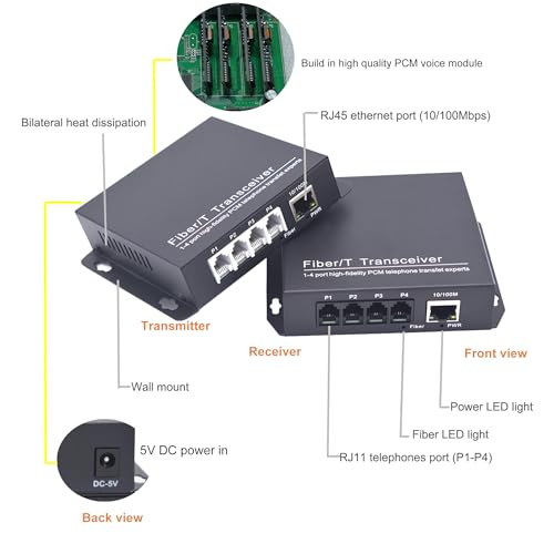Image of POTS Telephones and Ethernet Over Fiber Optic Extenders, Universal Singlemode Fiber up to 20Km(12.4 mi) and Multimode 500m(0.31 mi) A Pair (4 Tel+10 /100M Ethernet,SC)