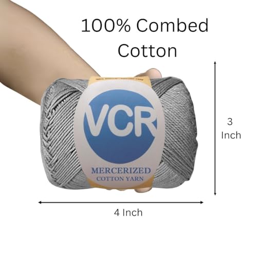 Image of VCR 4 Ply Grey 100% Mercerized Cotton Yarn, 60 Grams Hank, 190 Meters Length, Cotton Combed Ball, Smooth and Glossy Crochet Yarn for Crochet and Knitting, Pack of 1, Suitable for DIY Crafts