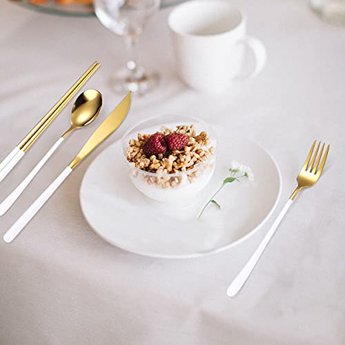 AARAINBOW 6 Pieces 18/8 Stainless Steel Flatware Set Portable Reusable Cutlery Set Travel Utensils Set Including Chopsticks Knife Fork Spoon Straws Cleaning Brush Dishwasher Safe (White golden)