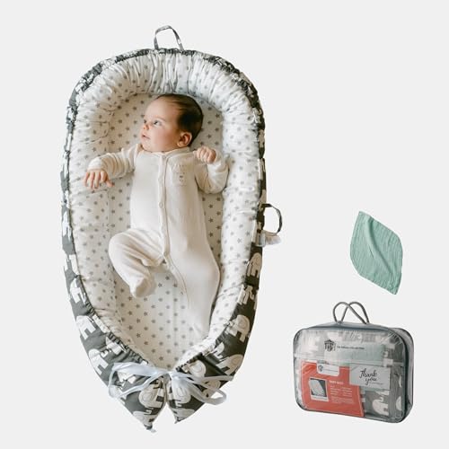 TKC Baby Lounger 0-24 Months | Adjustable Infant Lounger | Breathable Organic Cotton Cover | Reversible, Portable Baby Nest | Includes Bib | Elephant