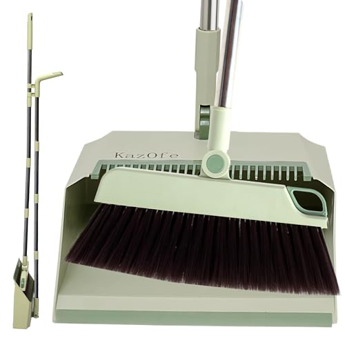KazOfe Long Handled Dustpan and Brush Set Broom and Dustpan with Comb Teeth 180 Degree Rotating Sweeping Brush Ideal for Indoor Outdoor Home Kitchen Office & Pet Hair Cleanup (Light Green)