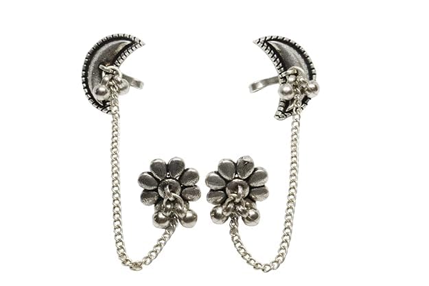 Ethnic Oxidized Floral-Crescent Moon Ear Cuffs – Handmade Silver Lookalike Ghunghru Earrings with Ear Clips for Women & Girls – Antique Brass Earrings with Chain Connection-image-45
