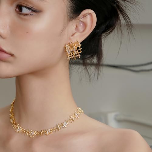 Gold Braided Stud Earrings for Women, 18K Gold Plated Chunky Earrings, Unique Design Cubic Zirconia Braided Earrings Gifts, Statement Studs Hypoallergenic Fashion Jewelry4