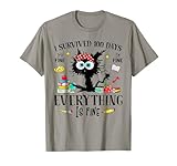 I Survived 100 Days Of School Teacher & Kids Funny Cat T-Shirt