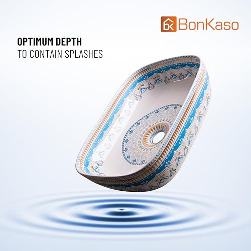Image of Bonkaso Moroccan Designer Table Top Wash Basin | 45 x 32.5 x 13.5 cm Countertop Ceramic Bathroom Sink | Polished Modern Big Vanity Wash Basin for Bathroom & Living Room (Blue Pattern)