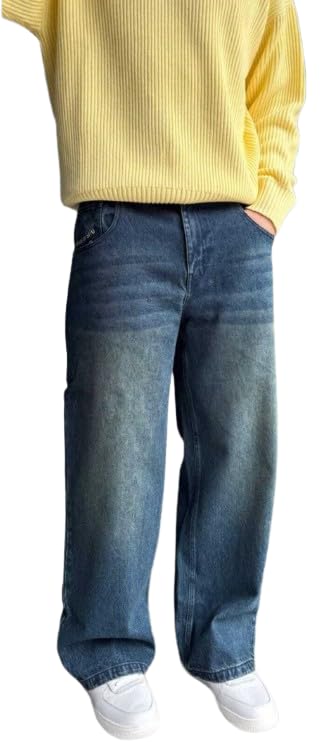 Image of Baggy Fit Denim Jeans for Men, Mid Rise Loose Fit Wide Leg Blue Washed Trousers for Casual Streetwear, Travel, College, Weekend Outings and Everyday Use