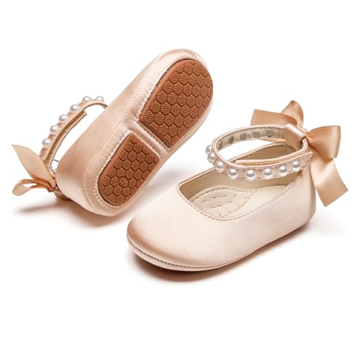 Image of PHIRAMIN Baby Girls Mary Jane Flats - Infant Newborn Walking Shoes Soft Rubber Sole Princess Wedding