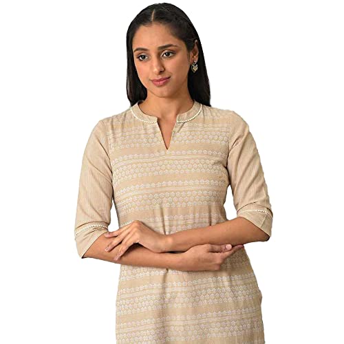 Image of Aurelia Women's Cotton Straight Fit Straight Solid Regular Floral Printed Kurta