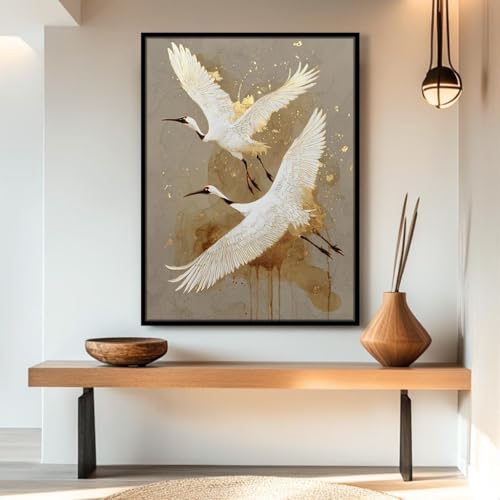 Toile murale Japandi oiseau rétro grand format 70x100 cm pour décoration salon zen