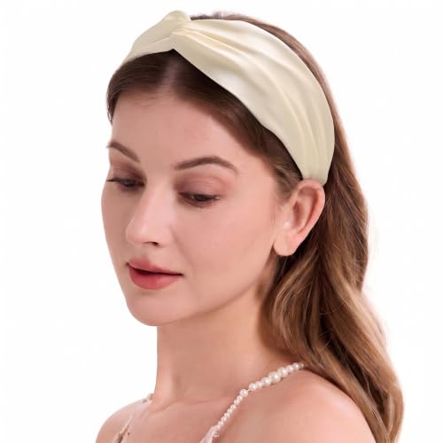 Image of ZLYC Mulberry Silk Headband for Women's Hair, Solid Beige Cream