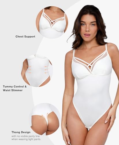 Popilush Women's Deep V Neck Bodysuit Sleeveless Criss Cross Tummy Control Shapewear Thong Body Suits Cami Tank — view 5