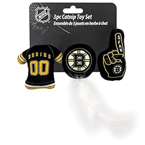 BEST PLUSH CAT TOY: NHL BOSTON BRUINS Complete Set of 3 piece Cat Toys filled with Fresh Catnip. Includes: 1 Jersey Cat Toy, 1 Hockey Puck Cat Toy with Feathers & 1 #1 Fan Cat Toy. Beautiful Team LOGO