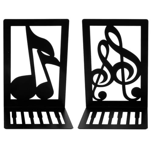Deskium 2 Pcs Metal Bookends, Black L-Shaped with Music Note Design, Piano Key Book Ends, Adjustable Book Holders for Desk and Shelf, Home Office Decor