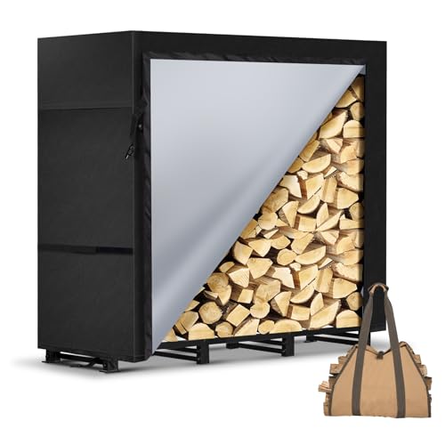 LOENIY 4ft Firewood Rack Outdoor with Waterproof Widened Cover, Heavy Duty Firewood Holder includes...