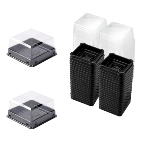 Cake Box-Plastic Mini Cake Box with Transparent Lid, Square Moon Cake Box, Holiday Wedding Birthday Packaging Box, 2.3x2.3x1.33 inches, 50 Sets (Black) Cover