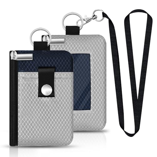 Image of Minimalist RFID Blocking Small Wallet with ID Window,WaterResistant Zip Id Case Wallet with Lanyard Keychain for Cards,Cash,Travel,Women,Men (Light gray /Dark blue)