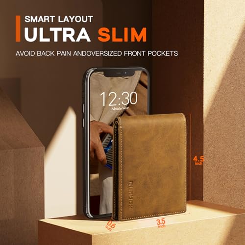 Image of RUNBOX Wallet for Men Slim Leather Bifold RFID Blocking Minimalist Front Pocket Design with Gift Box | Minimalist Front Pocket Design, Holds 8 Cards, RFID Protection, Gifts for Men on Birthdays, Father's Day, and Christmas