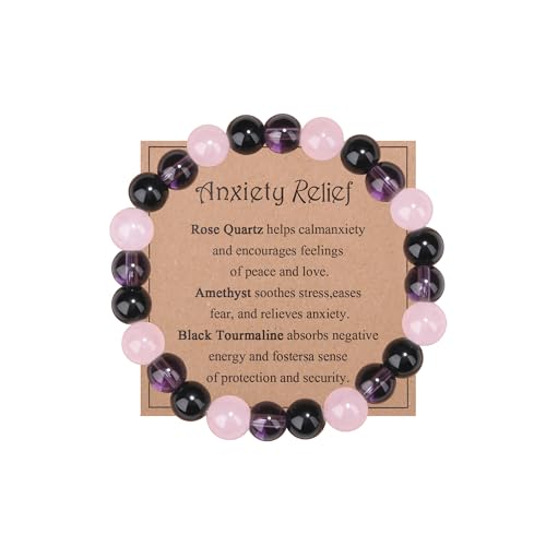 MAIBAOTA Anxiety Bracelet for Women 8 mm Black Tourmaline Rose Quartz Amethyst Bracelet Stress Relief Gifts Calming Healing Kalm Beaded Bracelets Jewelry for Women
