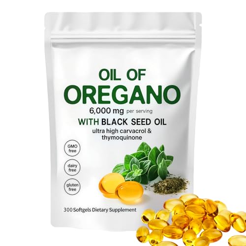 YATIME Oil of Oregano with Black Seed Oil 2-in-1 Oregano Oil Capsules Organic 6000mg Per Serving 300 Softgels 4X Strength Carvacrol & Thymoquinone Non-GMO Gluten Free & Immune Support