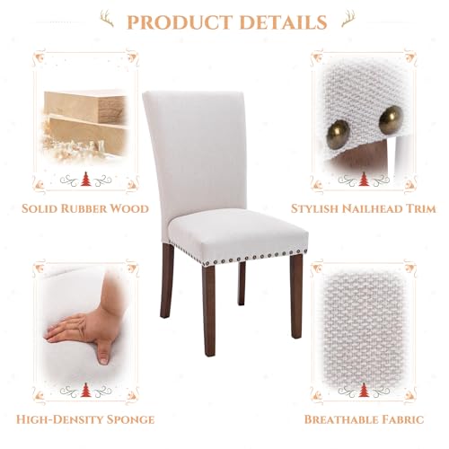 Image of Set of 4 Beige Upholstered Dining Chairs, Farmhouse Kitchen Chairs with High Back Support, Solid Rubberwood Legs, Comfortable Padded Seat, Bronze Nailhead Trim, Dining Room Chairs for Family Meals