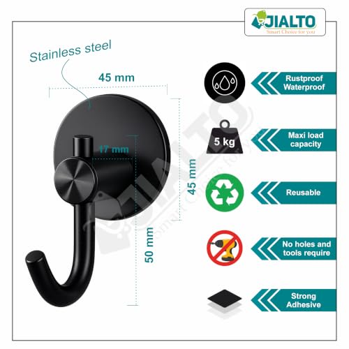 Image of JIALTO 2 Pcs Self-Adhesive Stainless Steel Hooks Heavy-Duty Wall Hanging for Bathroom & Kitchen, Drill-Free, Strong Coat /Towel Wall Hooks (Big Round Black Hook)