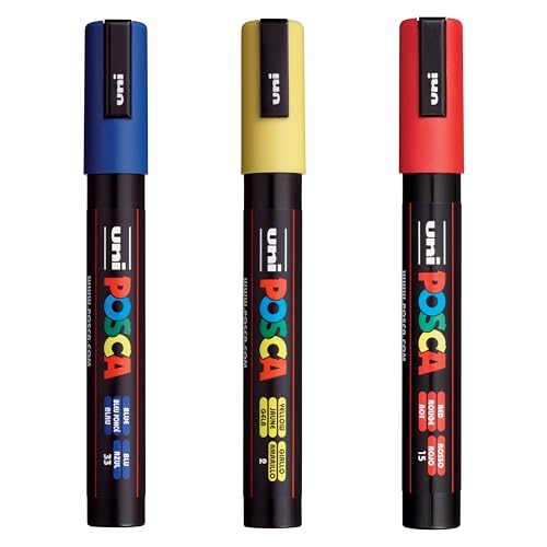 Image of Posca PC-5M Marker | 1.8-2.5 mm Bullet Shaped Tip (Multicolor, Pack of 3)