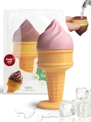 Image of Smily Mia Ice Cream Cone Baby Teething Toys, Water-Filled Freezable Teether for Babies&Infants, Teething Relief for 0-18 Months, Not-Too-Cold-to-Hold Freezer Teether for 3-6 6-12Months, Peach Pink