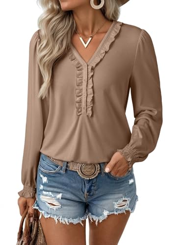 EVALESS Long Sleeve Shirts for Women Cute Ruffled V Neck Tops for Women 2025 Basic Blouses Fall Outfits Fashion Clothing