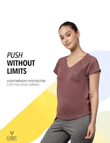 Image of UZARUS Women's V-Neck Regular Fit Gym T-Shirt Soft, Lightweight & Quick-Dry Fabric Activewear Top for Workout, Yoga, Running, Exercise, Casual