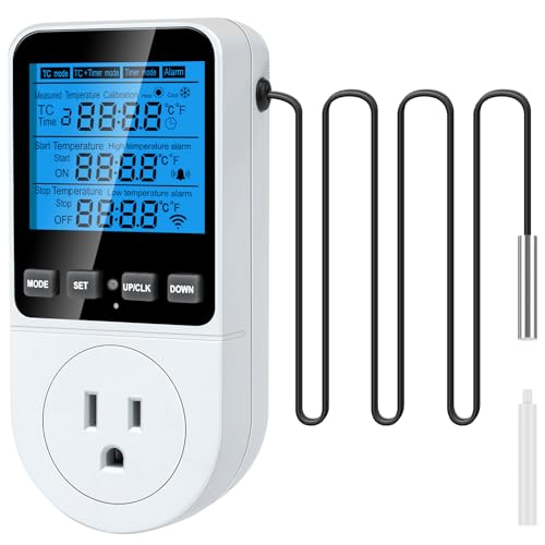 温度コントローラー、サーモスタット 新しいアップグレード 温度センサー 加熱冷却制御、サーモコントローラ デジタルサーモスタット 4 つのモード、3 つの期間タイマー、アラーム、摂氏華氏、温室 爬虫類 ヒーター 冷蔵庫用