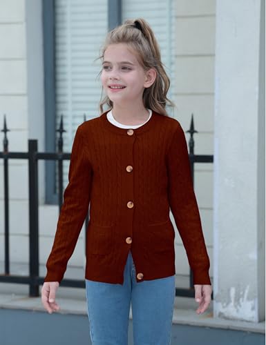 Girls Cardigan Long Sleeve Button Front Sweater Toddler Kids Knit School Uniforms Sweaters with Pockets 3-12 Years