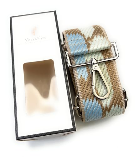 Image of Beige Sky Blue Camouflage Purse Strap with Silver Hardware 2 Inch Wide Replacement Crossbody Guitar Style Shoulder Strap for Handbags Totes