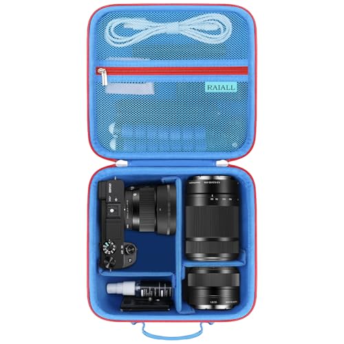 RAIALL Funda para cámara Sony Alpha a6000/a6100/a6400/ZV-E10/ Sony Alpha 7 II III IV/7R V sin Espejo y Objetivo, Bolsa de Viaje rígida para cámara vlog con Correa para el Hombro y 3 separadores, Azul