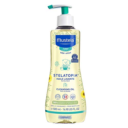 Mustela Stelatopia Cleansing Oil - Baby Body Wash for Eczema-Prone Skin - with Natural Avocado & Sunflower Oil - Fragrance-Free & Tear Free - 16.9 fl. Oz