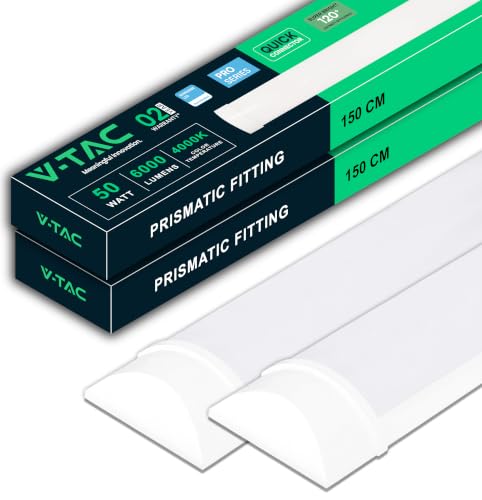 V-TAC 2x Pantalla LED Luminaria 150 CM - 50W - Chip Samsung - Lámpara Rectangular 6000 Lumen IP20 para Pared, Garaje, Tienda - Tubo LED - Plafón Regleta LED Lineal - Luz Blanco Neutro 4000K