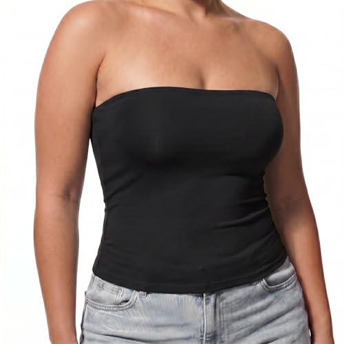 TRIWORKS Schwarz Bandeau Top Damen Trägerloses Tube Tops Damen Doppelt Gefüttert Anti-Rutsch Bauch Kaschierend Schulterfrei Sommer TopsGroße Größen L