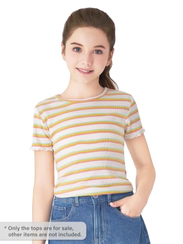 Image of Girls Striped T-Shirt Lettuce Trim Short Sleeve Top Size 6-16 | Soft stretch ribbed knit fabric, breathable blouse,summer outfit for big girls & teen, for school, party and daily activity