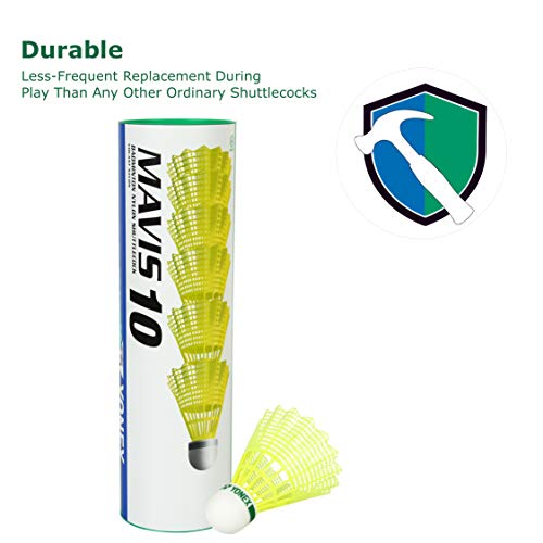 Yonex Mavis 10 Nylon Shuttlecock, Yellow, Pack of 6 | Made in Japan (Green Cap)