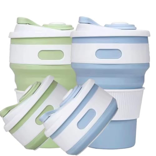 NexUp Goods 2-Pack Collapsible Coffee Cups 12oz Reusable Travel Mugs Light Blue & Green Leakproof Foldable Silicone Heat Resistant Easy to Clean Great for Camping Office and Gifts