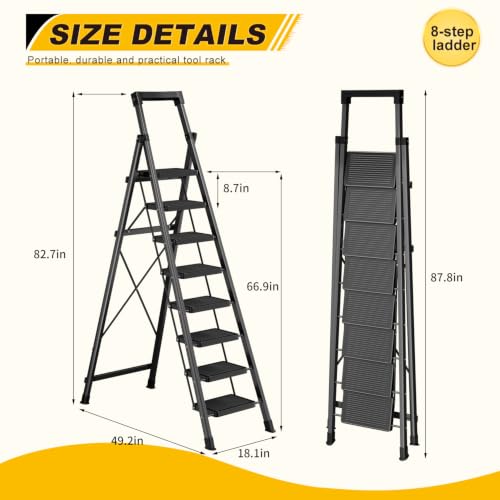Image of 8 Step Ladder with Platform,Folding Step Stool Heavy Duty,Protable Step Ladders with Anti-Slip Widen Pedals,Handrail,Safe-Lock Design,Tall Kitchen /Closet Step Ladder for Adults
