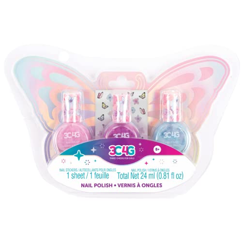 3C4G THREE CHEERS FOR GIRLS - Butterfly Nail Polish Trio - 3 Pack Kids Nail Polish Set for Girls - Water Based, Unscented, Non Toxic Nail Polish for Kids - Girls Nail Polish Kit for Kids Ages 8-12-16