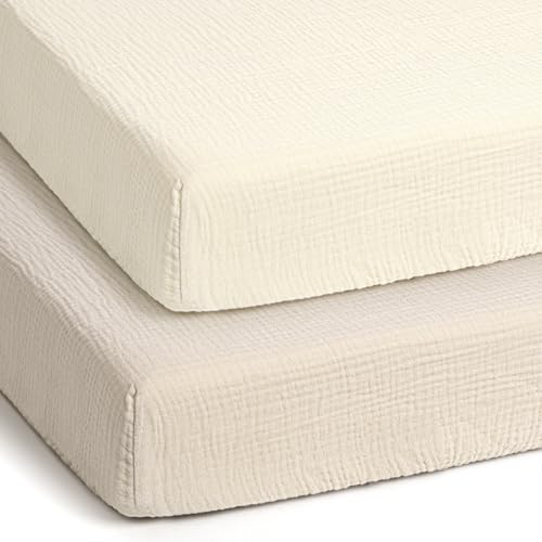 Image of lulumoon Pack and Play Sheets Muslin: Cotton Fitted Sheets for Pack N Play - Soft Playard Sheets for Boys and Girls 2Pack