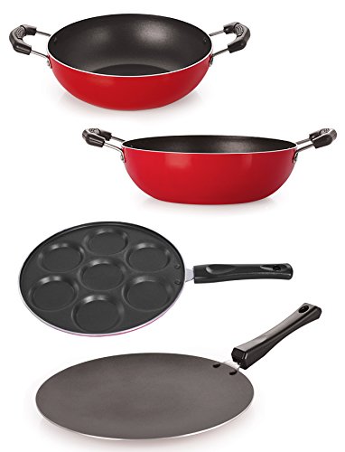 Nirlon Non-Stick Cookware Combo Set of Tawas & Kadai (1 Roti Tawa,1 Uttapam Tawa, 2 Kadhai)