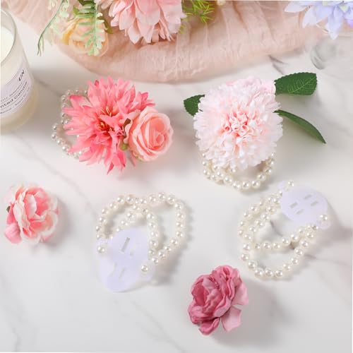 4 Pcs Corsage Wristlet Band Elastic Pearl Wrist Corsage Wrist Corsage Bracelets for DIY Handmade Prom Wedding Party (White)4