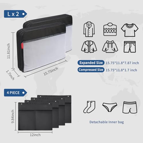 Compression Packing Cubes for Travel Essentials, 2 Set Suitcase Organizers for Luggage Carry on, Large Lightweight Compressible Expandable Mesh Travel Cubes by U+U, Black4